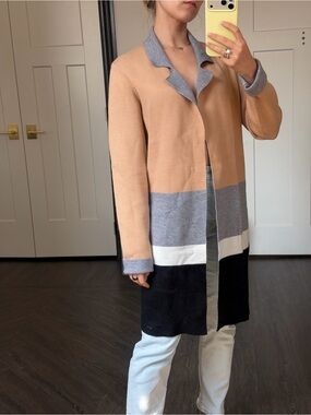 Colorblock Long Cardigan Sweater - Peach, Gray, White, Black